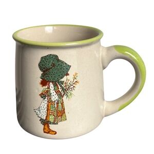 Vintage 1978 Holly Hobbie Stoneware Mug Green Rim Speckled Ceramic Coffee Cup